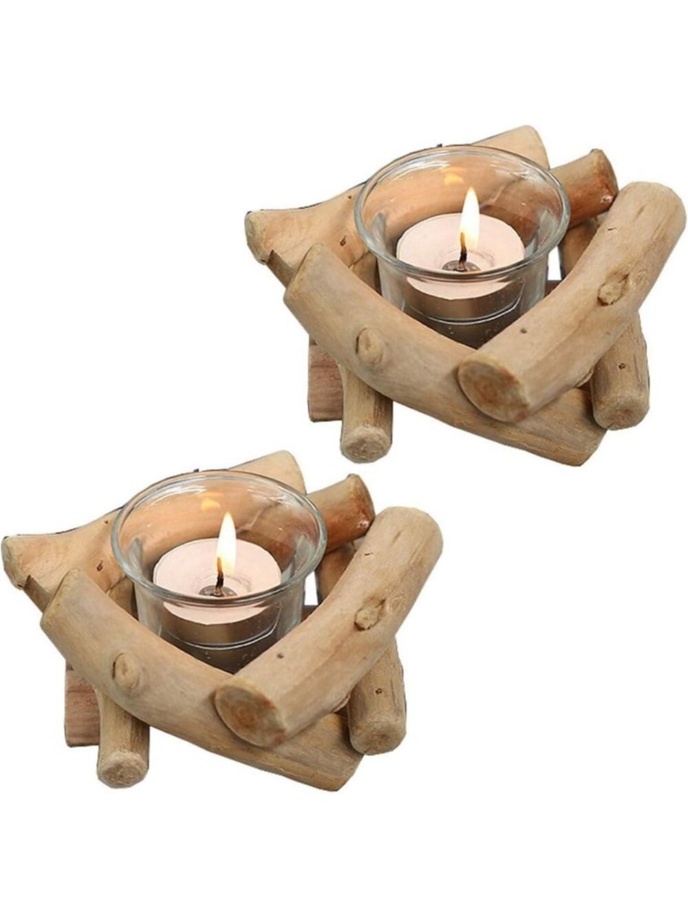 Set of 2 Wooden Tea Light Candle Holders with Tealight Glass - Rustic Home Decor